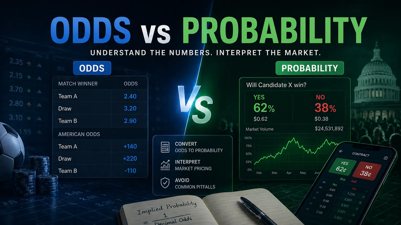 Visual comparison of odds and probability showing market pricing, implied probability charts, and trading interface illustrating how outcomes are interpreted in prediction markets